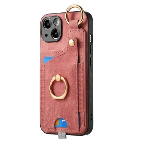 Estuche para Teléfono iPhone 13 Pro Max Bolsa para Tarjeta Anillo Sensación de Piel Retro con Lazo (Rosa)
