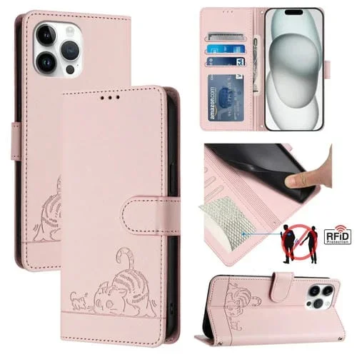 Estuche para teléfono iPhone 13 Pro Max Cat Rat con patrón en relieve RFID PU con correa para muñeca (Rosa)