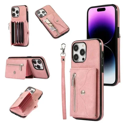 Estuche para Teléfono iPhone 13 Pro Max Cremallera Rfid Ranura para Tarjeta con Cordón Corto (Oro Rosa)