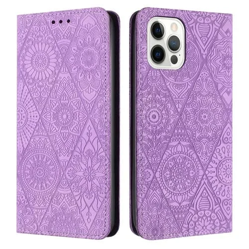 Estuche para Teléfono iPhone 13 Pro Max Cuero Adsorción En Relieve Étnico (Púrpura)