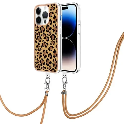 Estuche para Teléfono iPhone 13 Pro Max IMD Doble Cara con Galvanoplastia y Cordón (Leopardo)