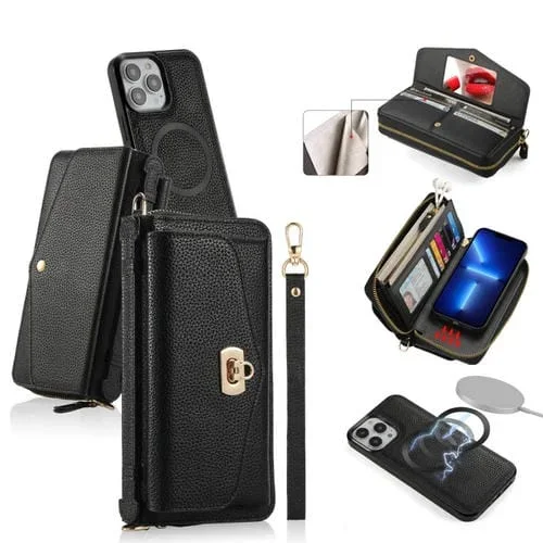 Estuche para teléfono iPhone 13 Pro Max Magsafe Crossbody con billetera y cremallera de cuero Litchi (Negro)