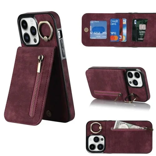 Estuche para Teléfono iPhone 13 Pro Max Retro Ring and Zipper Ranura para Tarjeta Rfid (Rojo Vino)