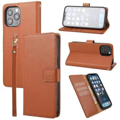 Estuche para Teléfono iPhone 13 Pro Plain Weave Cowhide Cuero Genuino (Marrón)