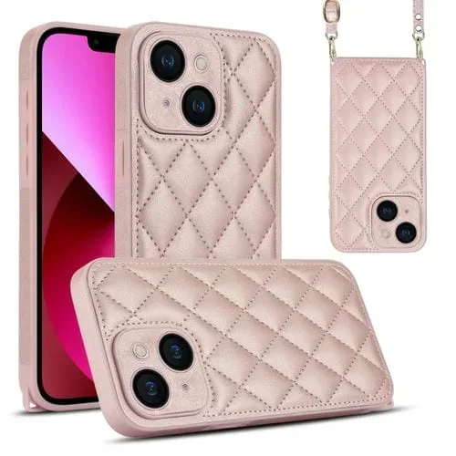 Estuche para Teléfono iPhone 13 Textura Rómbica y Cordón Doble (Oro Rosa)