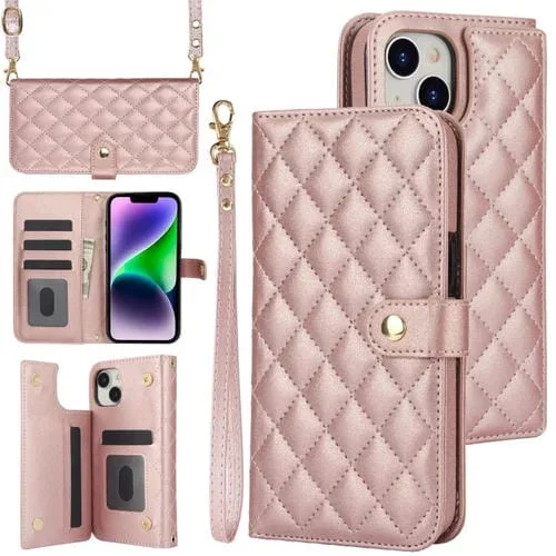 Estuche para Teléfono iPhone 14/13 Cuero Rómbico Multifunción Cruzado (Oro Rosa)