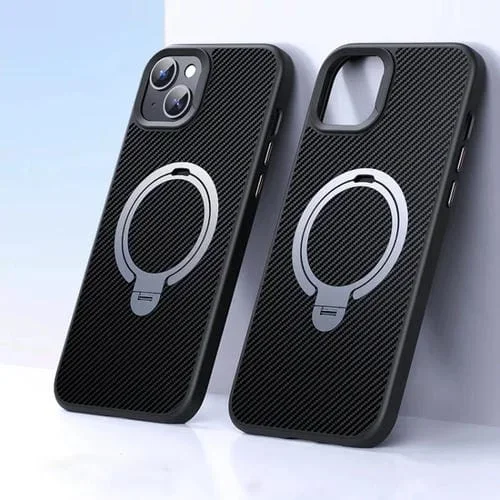 Estuche para Teléfono iPhone 14/13 Fibra de Carbono Soporte Magsafe Doble Anillo (Plateado)