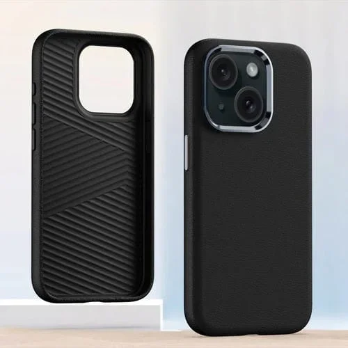 Estuche para Teléfono iPhone 14 Cobertura Total Cuero Marco de Lente Metal (Negro)