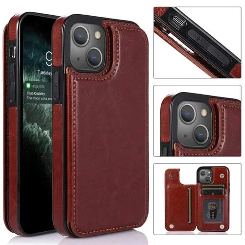Estuche para Teléfono iPhone 14 con Doble Hebilla (Marrón)