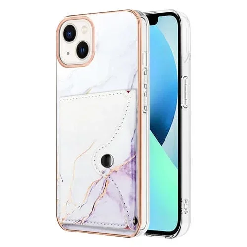 Estuche para Teléfono iPhone 14 con Ranura para Tarjeta Imd Patrón Mármol (Blanco y Morado)