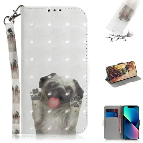 Estuche para Teléfono iPhone 14 Cuero con Tapa Horizontal Color 3D (Pug)