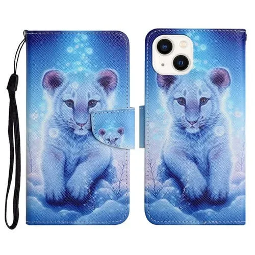 Estuche para Teléfono iPhone 14 Cuero con Tapa y Dibujo 3D (Leopardo)