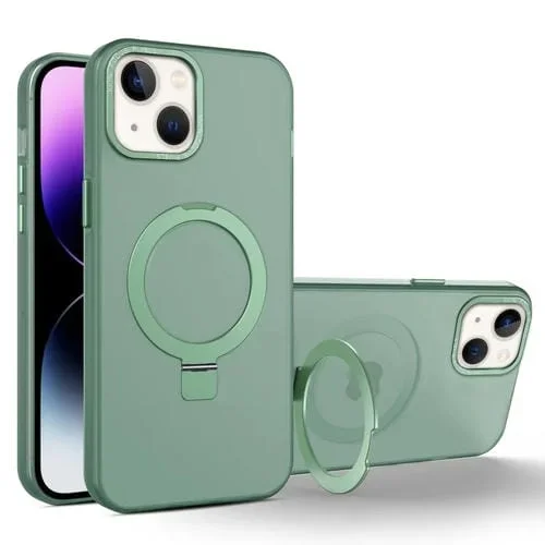 Estuche para Teléfono iPhone 14 Magsafe Translúcido Esmerilado con Soporte de Metal (Verde)