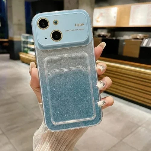Estuche para Teléfono iPhone 14 Plus Brillo Degradado Ventana Grande Ranura para Tarjeta (Azul)