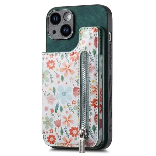 Estuche para Teléfono iPhone 14 Plus con Billetera y Cremallera Pintada Retro (Verde)