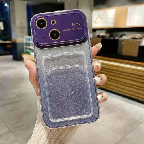 Estuche para teléfono iPhone 14 Plus con brillo degradado y ventana grande con ranura para tarjeta (Púrpura Oscuro)