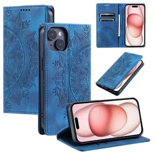 Estuche para Teléfono iPhone 14 Plus Cuero Magnético Relieve de Tótem (Azul)