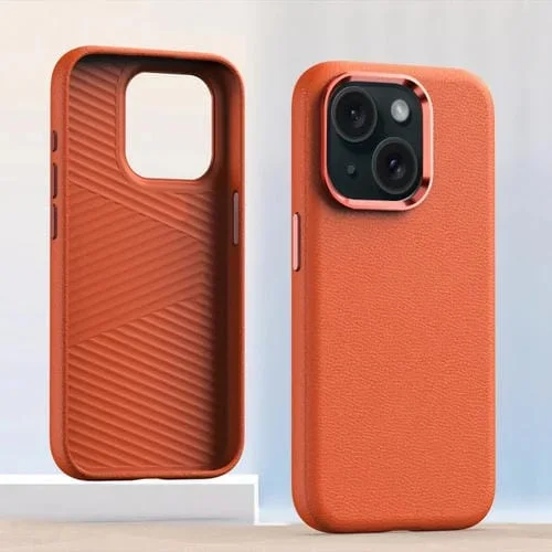 Estuche para Teléfono iPhone 14 Plus Cuero Marco de Lente Metal (Naranja)