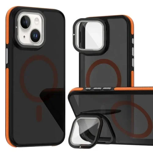Estuche para Teléfono iPhone 14 Plus Magsafe con Película de Lente y Soporte (Naranja)