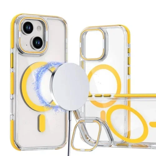 Estuche para teléfono iPhone 14 Plus Magsafe con soporte abatible y Lente TPU híbrido acrílico (Amarillo)