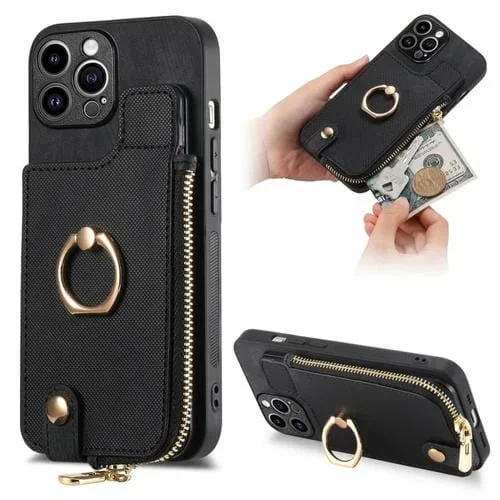 Estuche para Teléfono iPhone 14 Pro Max con Billetera Cremallera Vertical y Anillo de Cuero Cruzado (Negro)