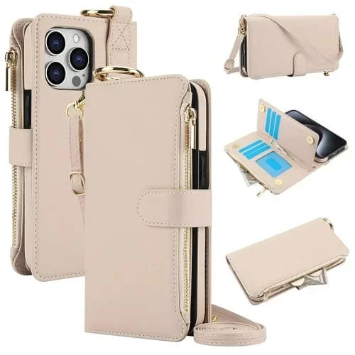 Estuche para Teléfono iPhone 14 Pro Max Cuero con Billetera Multifuncional y Anillo Cruzado (Blanco)