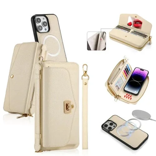 Estuche para Teléfono iPhone 14 Pro Max Magsafe Crossbody con Billetera y Cremallera de Cuero Litchi (Blanco)