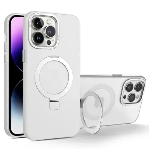 Estuche para Teléfono iPhone 14 Pro Max Magsafe Translúcido Esmerilado con Soporte de Metal (Blanco)
