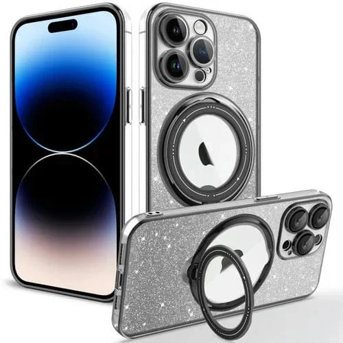 Estuche para teléfono iPhone 14 Pro Max Rotation Magsafe Holder TPU con brillo degradado (Negro)