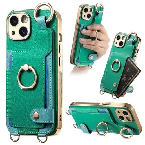 Estuche para Teléfono iPhone 15 Bolsa para Tarjeta Anillo Lazo para Colgar (Verde)