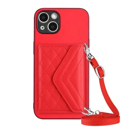Estuche para Teléfono iPhone 15 con Bolsa para Tarjetas Rfid Textura Rómbica y Cordón Largo (Rojo)