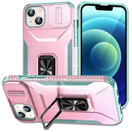 Estuche para teléfono iPhone 15 con soporte deslizante para levas (Rosa + Gris Verde)