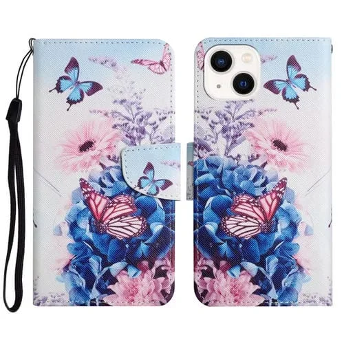 Estuche para teléfono iPhone 15 con tapa de cuero y dibujo 3D coloreado (Mariposa Púrpura)