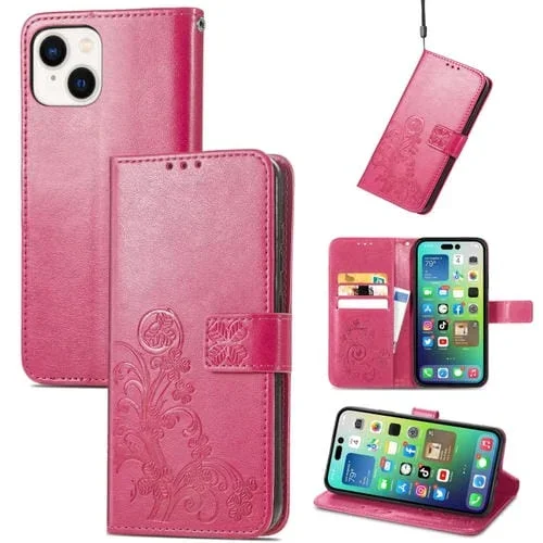 Estuche para Teléfono iPhone 15 Cuero Hebilla En Relieve Cierre Cuatro Hojas (Magenta)