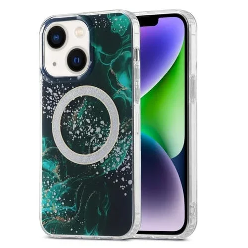 Estuche para Teléfono iPhone 15 Imd Marble Magsafe Doble Cara (Verde Oscuro)