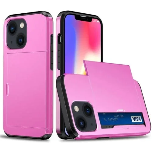 Estuche para Teléfono iPhone 15 Plus Armadura a Prueba de Golpes con Ranura para Tarjeta Deslizante (Rosa)