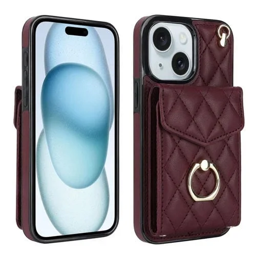 Estuche para Teléfono iPhone 15 Plus Bolsa para Tarjetas Textura Rómbica Cordón Largo (Rojo Vino)
