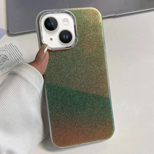 Estuche para teléfono iPhone 15 Plus con marco galvanizado IMD Glitter Powder (Verde)