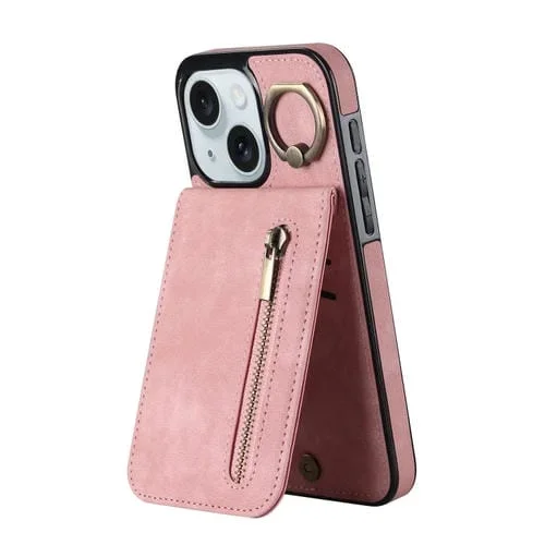 Estuche para Teléfono iPhone 15 Plus con Ranura para Tarjeta Rfid Anillo Retro y Cremallera (Rosa)