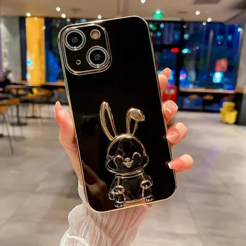 Estuche para teléfono iPhone 15 Plus con soporte de conejo chapado (Negro)