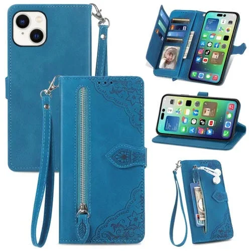 Estuche para Teléfono iPhone 15 Plus Cuero con Cremallera y Flores en Relieve (Azul)