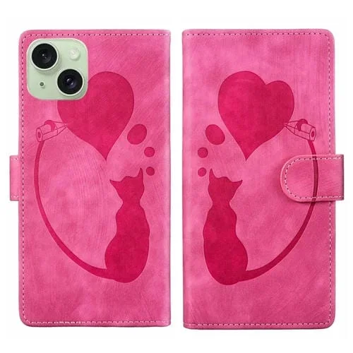Estuche para teléfono iPhone 15 Plus cuero con relieve de gato y corazón (Rosa)