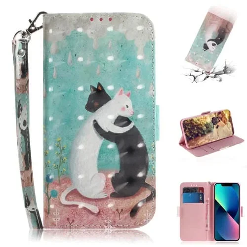 Estuche para Teléfono iPhone 15 Plus Cuero con Tapa Horizontal 3D (Gato Blanco y Negro)