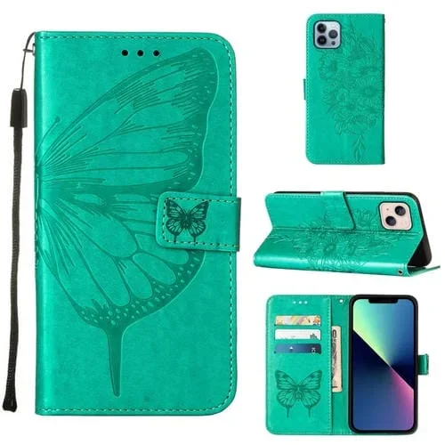 Estuche para teléfono iPhone 15 Plus Cuero Mariposa en relieve (Verde)
