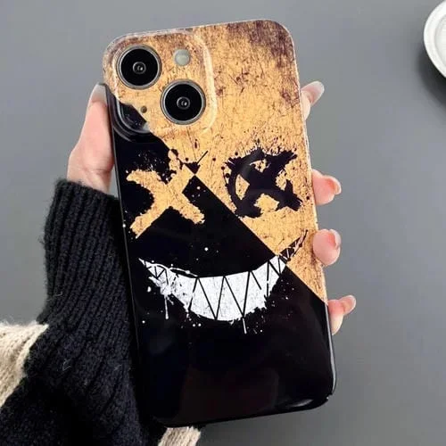 Estuche para teléfono iPhone 15 Plus PC con patrón pintado sonrisa amarilla y negra