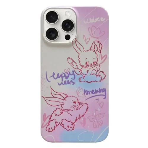 Estuche para Teléfono iPhone 15 Pro con Patrón Pintado PC (Conejito de Línea Rosa)