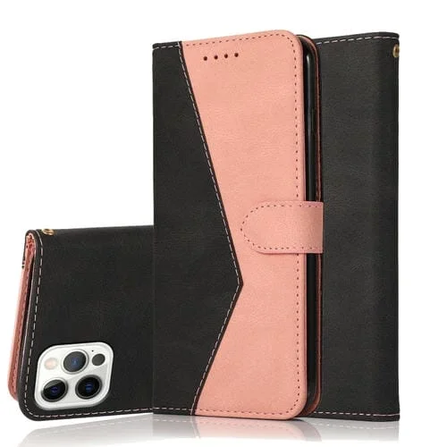Estuche para Teléfono iPhone 15 Pro Cuero con Costuras Dos Colores (Oro Rosa Negro)