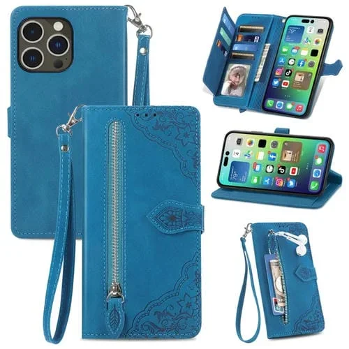 Estuche para Teléfono iPhone 15 Pro Cuero con Cremallera y Flores en Relieve (Azul)