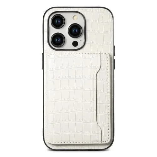 Estuche para Teléfono iPhone 15 Pro Diseño Bolsa para Tarjetas Textura Cocodrilo (Blanco)