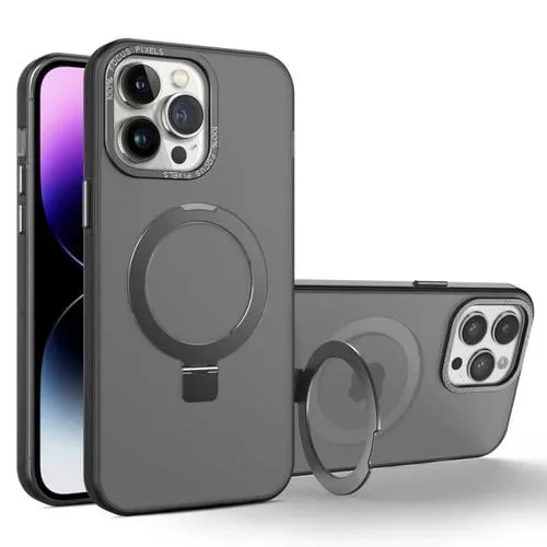 Estuche para Teléfono iPhone 15 Pro Magsafe Translúcido Esmerilado con Soporte de Metal (Negro)